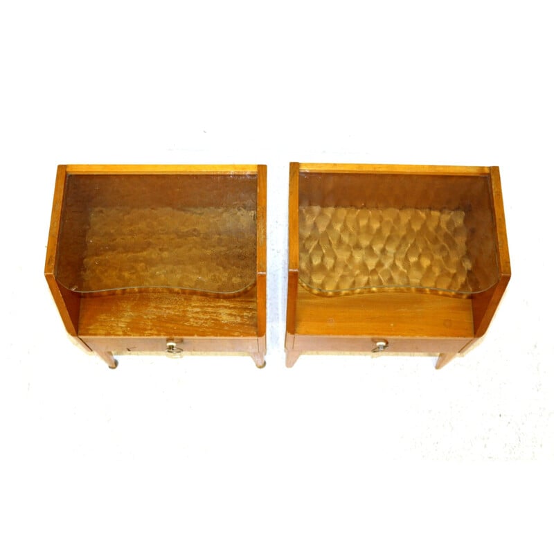 Pair of vintage elm and glass bedside tables Sweden 1940s