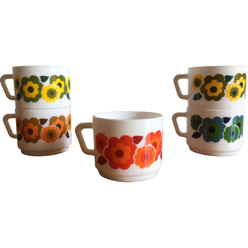 Lot de 5 tasses à café vintage fleuries par Arcopal 1970