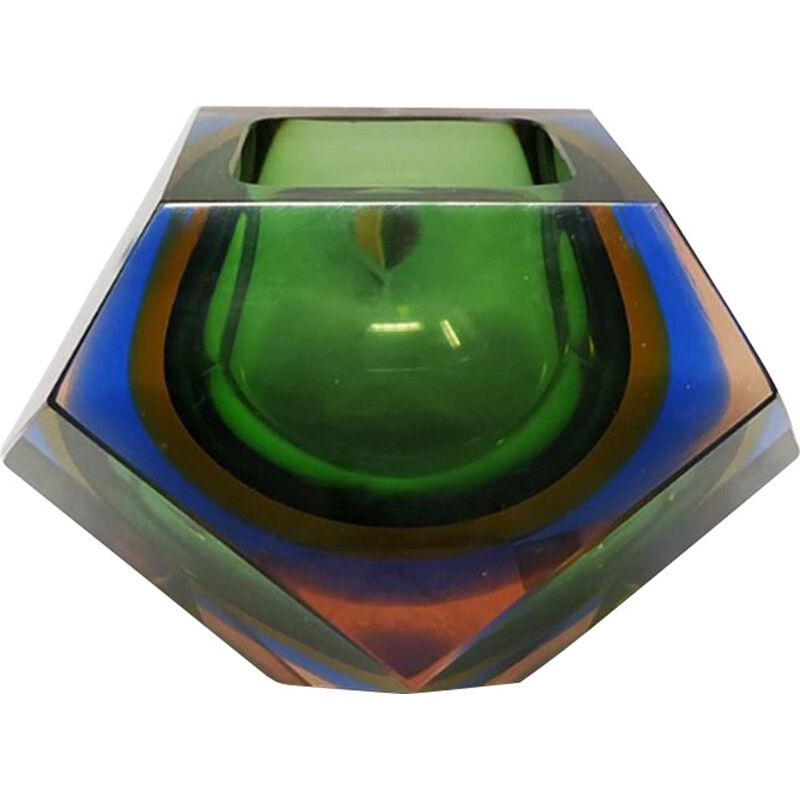 Vintage Astonishing Big Green Blue and Pink Ashtray or Vide Poche By Flavio Poli for Seguso 1960s