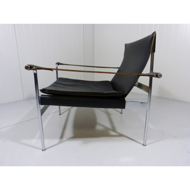 Fauteuil lounge "D99" Tecta en cuir noir et acier chromé, Hans KÖNEKE - 1960