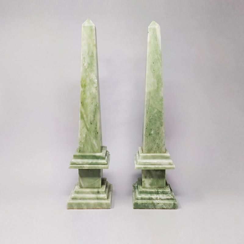 Pair of vintage Green Marble obelisks Handmade Italian 1960s