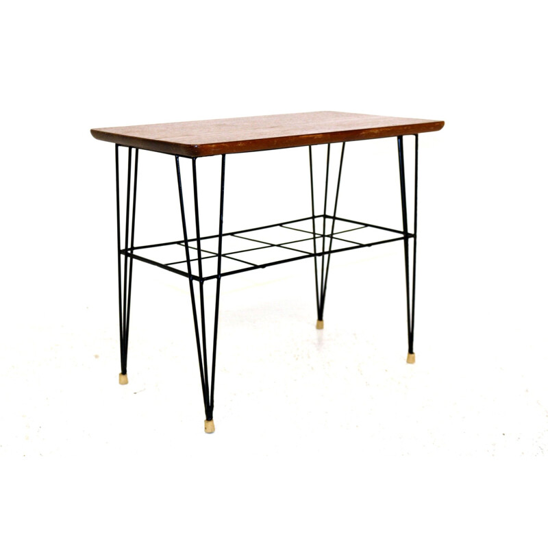 Vintage bedside table in black metal, top and teak 1955