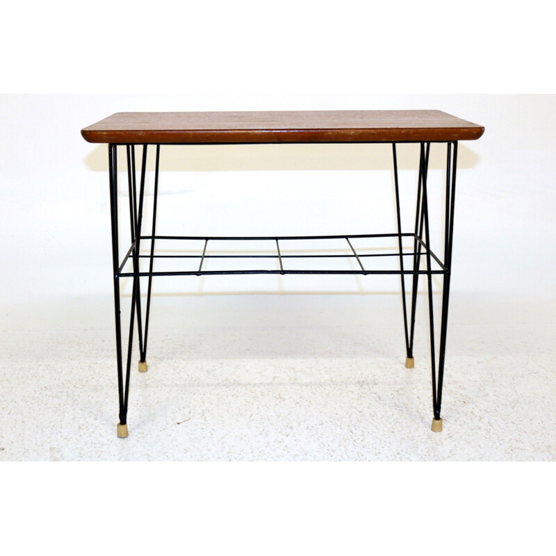 Vintage bedside table in black metal, top and teak 1955