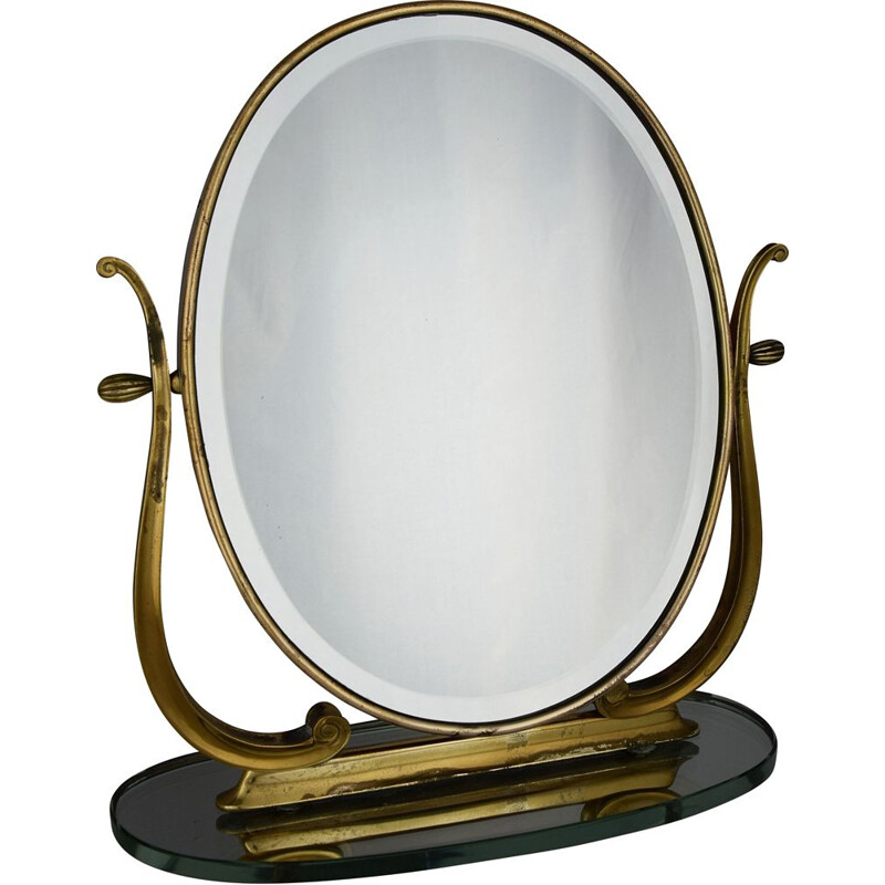 Specchio da tavolo o vanità in ottone vintage, Italia 1940