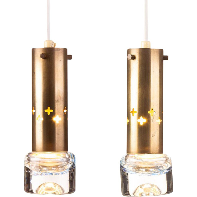Pair of vintage glass and brass pendant lamps by Hans Agne Jakobsson Sweden 1960s