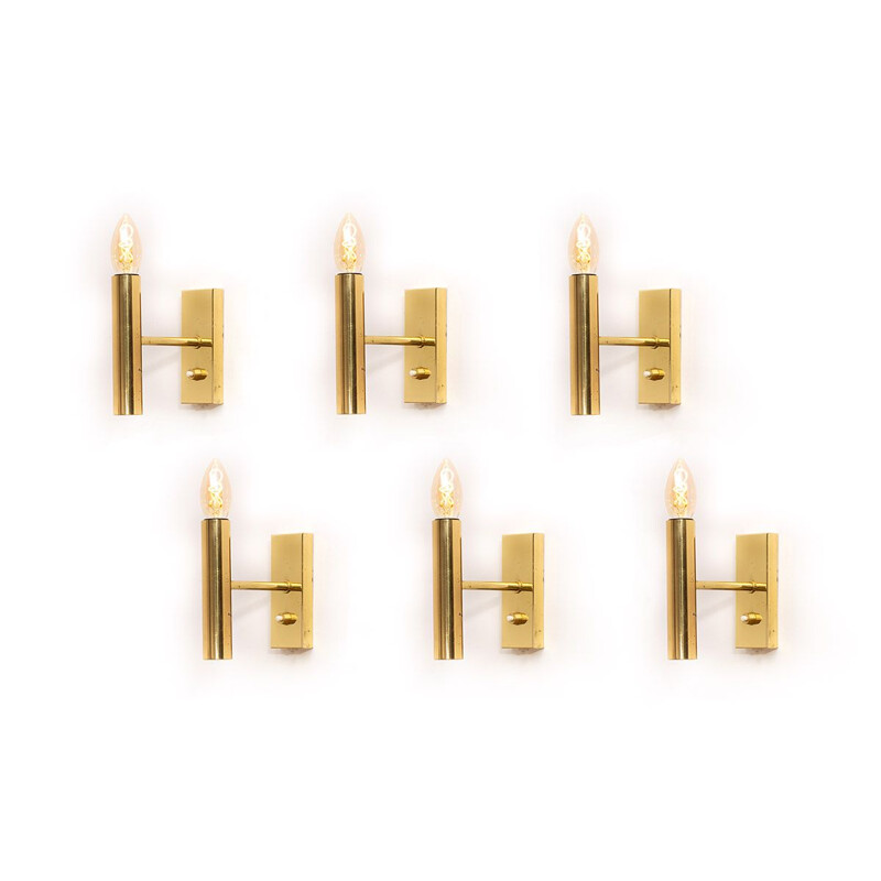 Set of 6 Vintage brass Fog & Morup wall lamps by Jo Hammerborg, Denmark 1960s