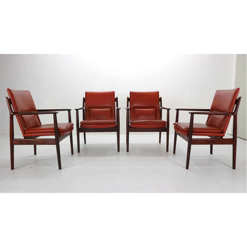 Set of 4 vintage Red Leather Armchairs for Sibast,Arne Vodder  Denmark 1960s