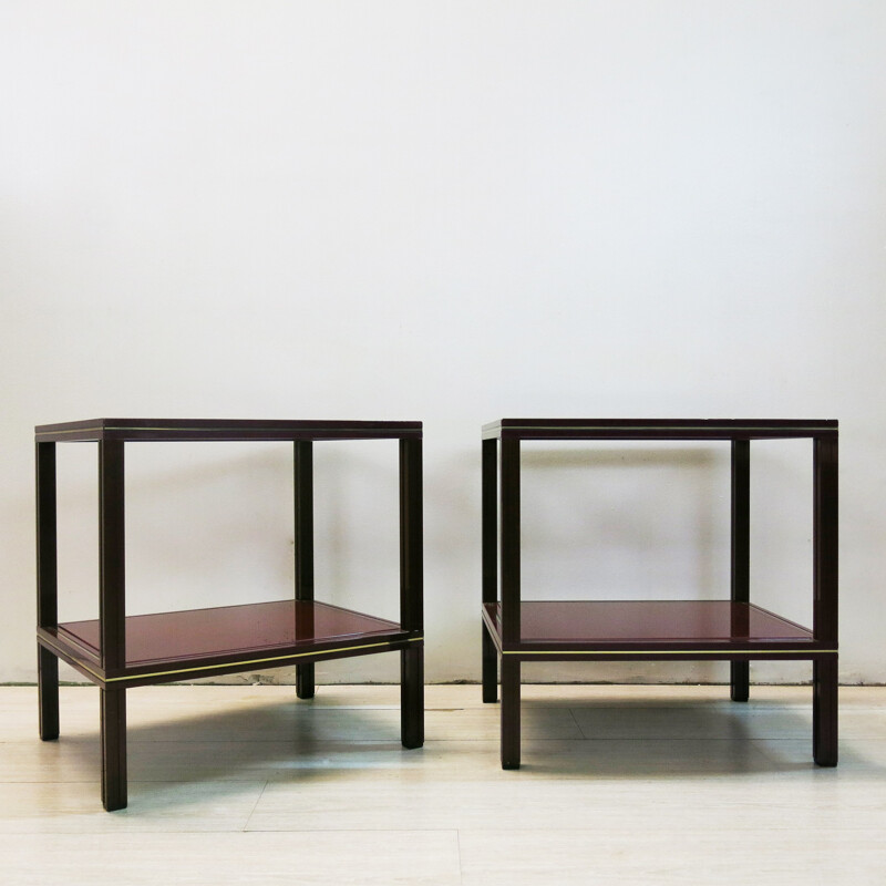 Pair of two side tables in red bordeaux, Pierre VANDEL - 1970s