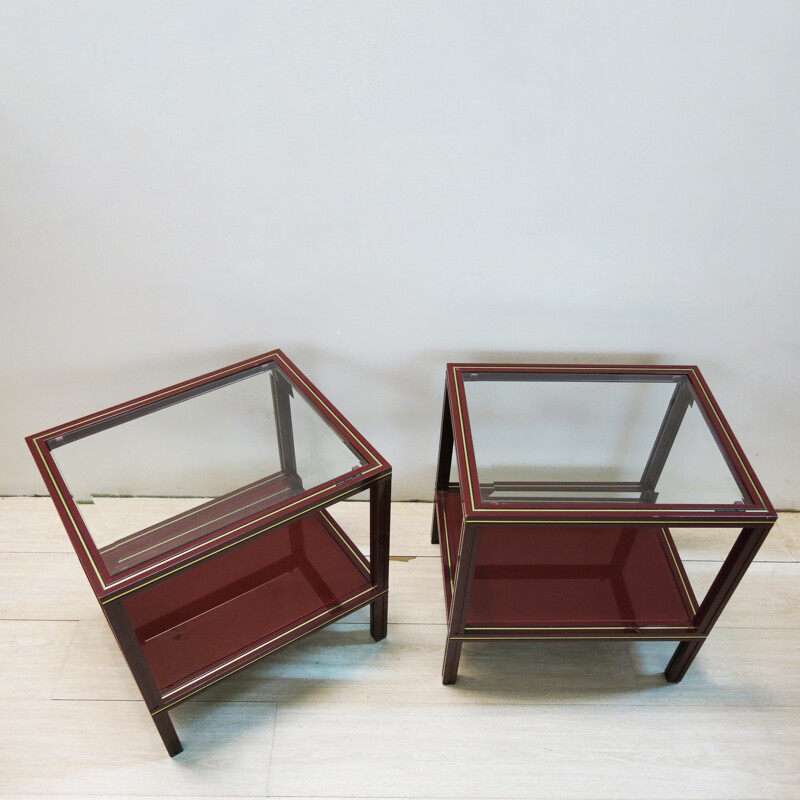 Pair of two side tables in red bordeaux, Pierre VANDEL - 1970s