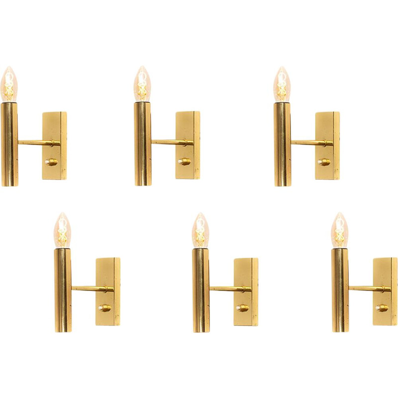 Set of 6 Vintage brass Fog & Morup wall lamps by Jo Hammerborg, Denmark 1960s