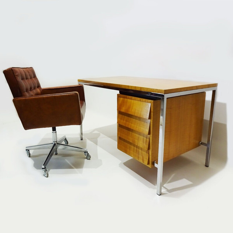 Vintage polished steel and Tiger Stripe maple desk to Florence Knoll 1940s