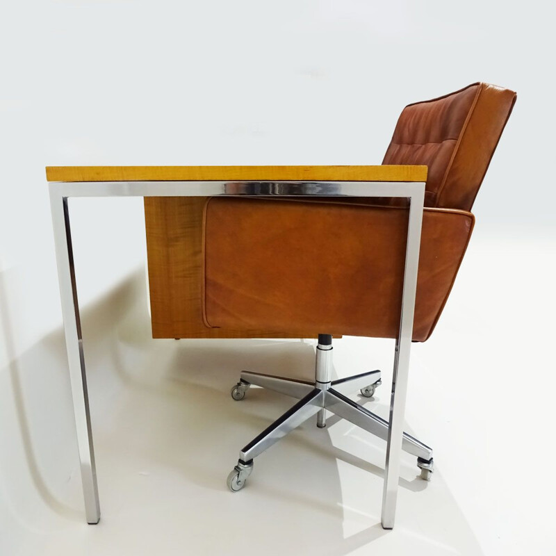 Vintage polished steel and Tiger Stripe maple desk to Florence Knoll 1940s