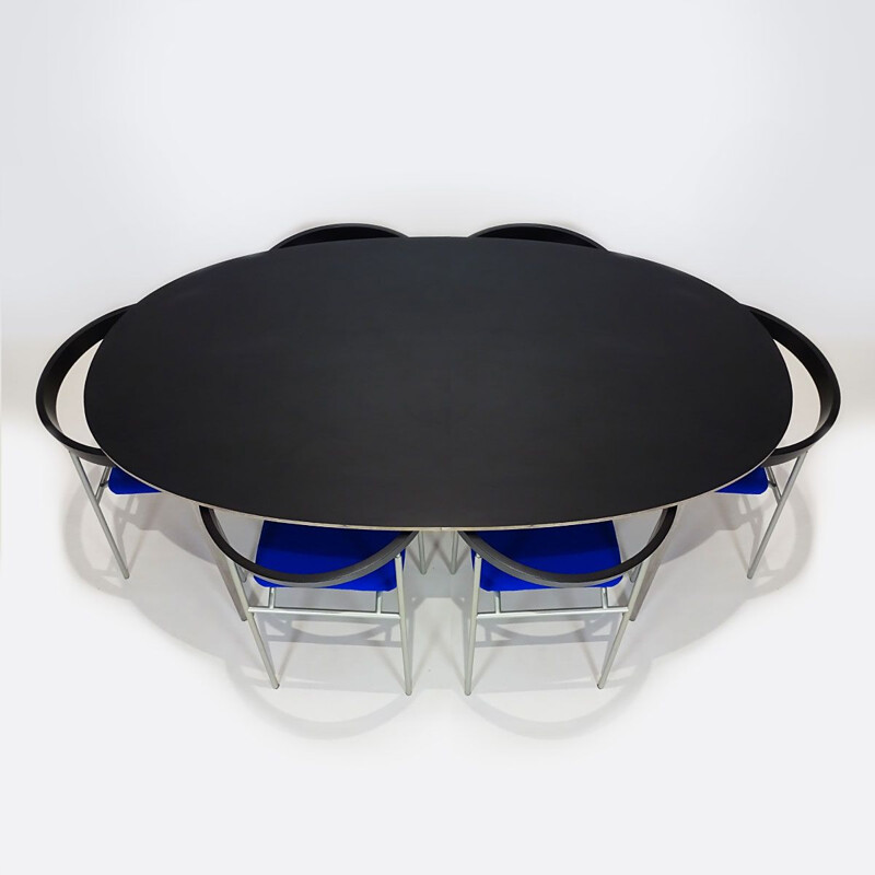 Vintage bentwood dining set in black metal and electric blue Danish 1980s