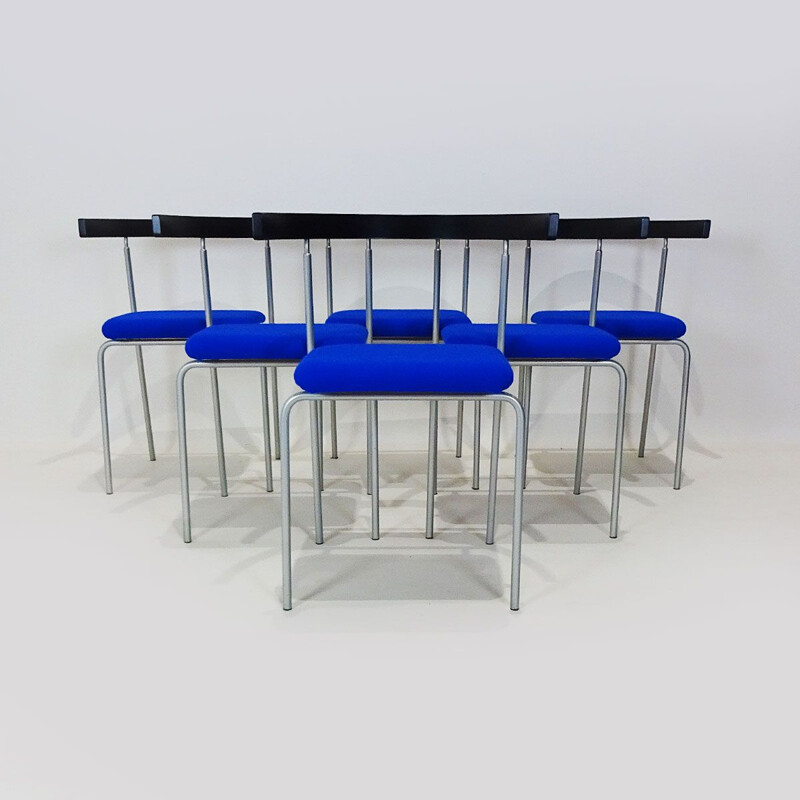 Vintage bentwood dining set in black metal and electric blue Danish 1980s