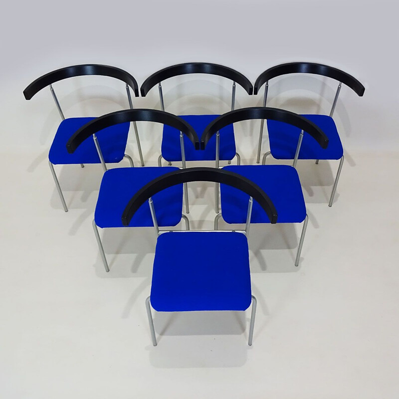 Vintage bentwood dining set in black metal and electric blue Danish 1980s