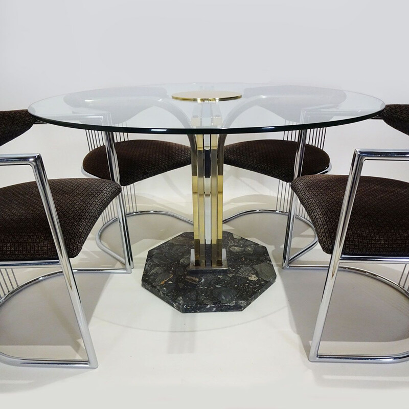 Table de salle à manger vintage en verre, laiton, chrome et marbre avec 4 chaises assorties italienne 1970