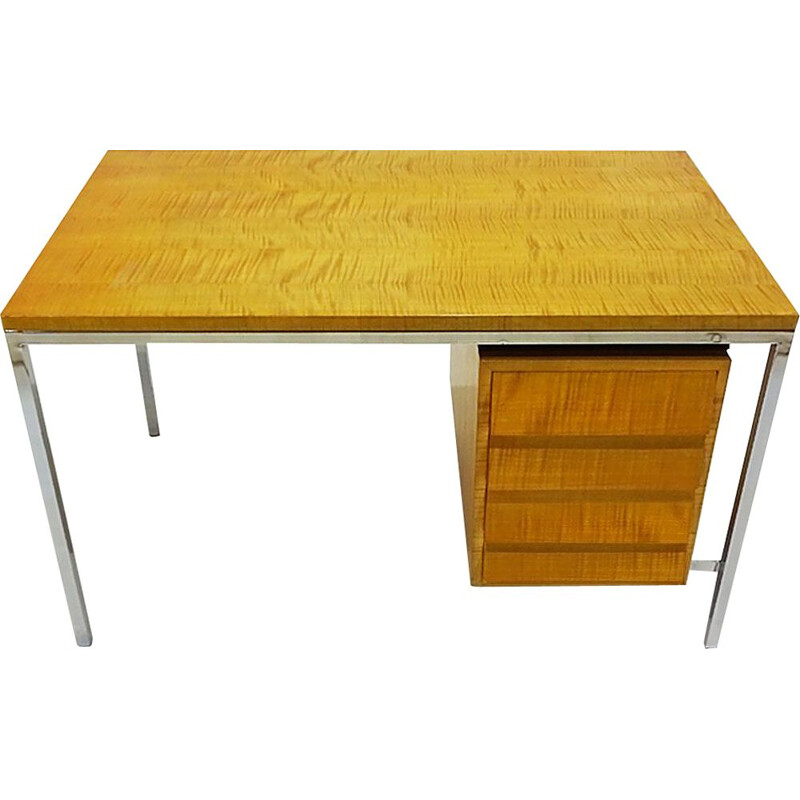 Vintage polished steel and Tiger Stripe maple desk to Florence Knoll 1940s