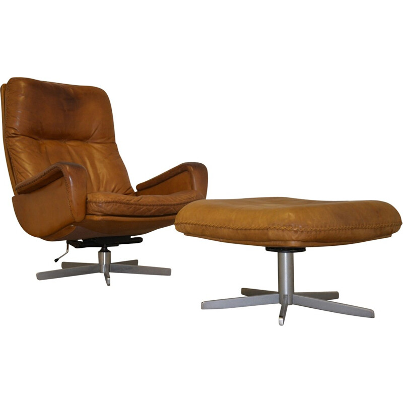 "S-231" De Sede armchair and foot rest in brown beige leather - 1960s