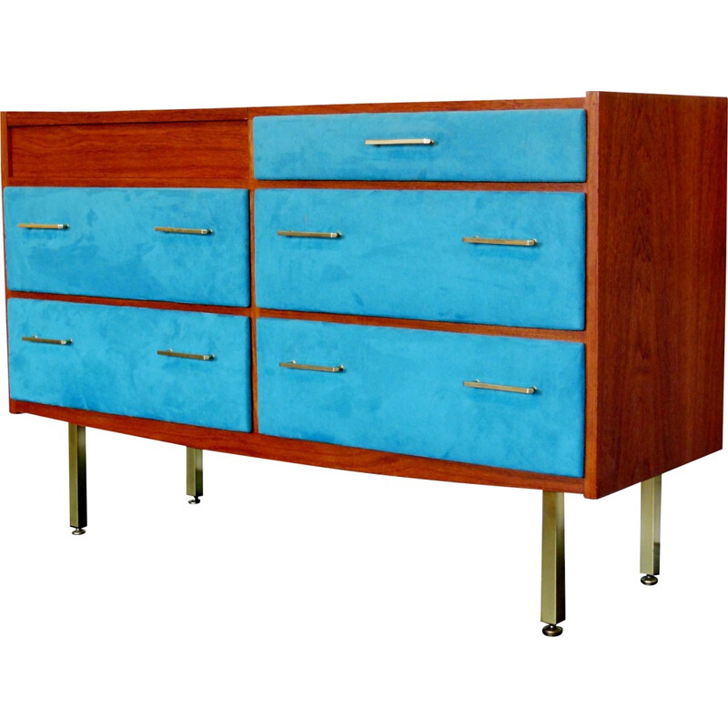 Chest of drawers or dressing table in teak, brass and Alcantara fabric, Roger LANDAULT - 1960s