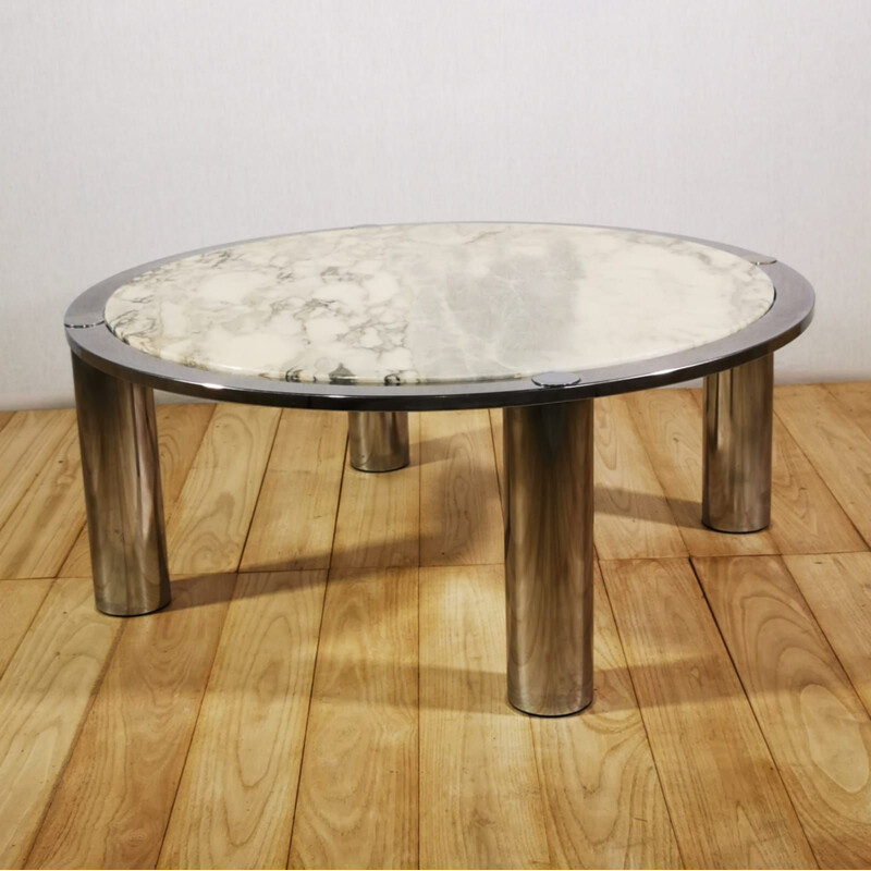 Table basse vintage marbre et chrome, Italie 1970