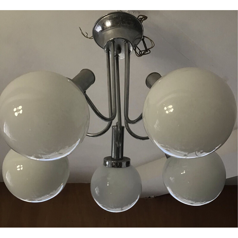 Vintage chrome-plated chandelier and glass wall lamp 1970s