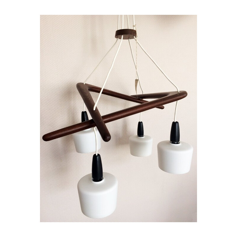 Maison Rispal "Boomerang" hanging lamp in teak and opaline - 1960s