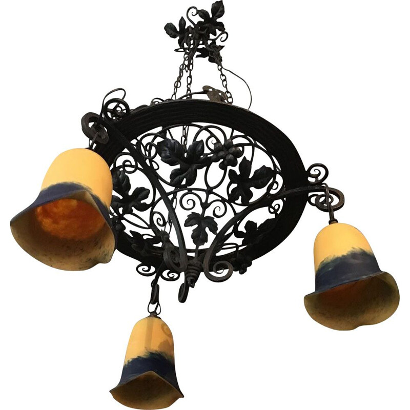 Vintage chandelier in wrought iron and glass paste