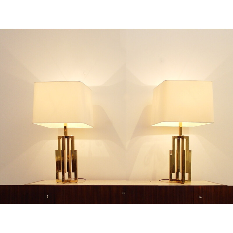 Pair of Italian lamps in brass and white linen - 1970s