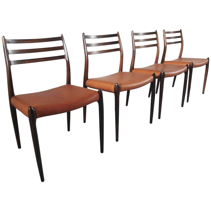 Set of 4 J.L Møller "Model 78" chairs in rosewood and cognac brown leather, Niels Otto MØLLER - 1960s
