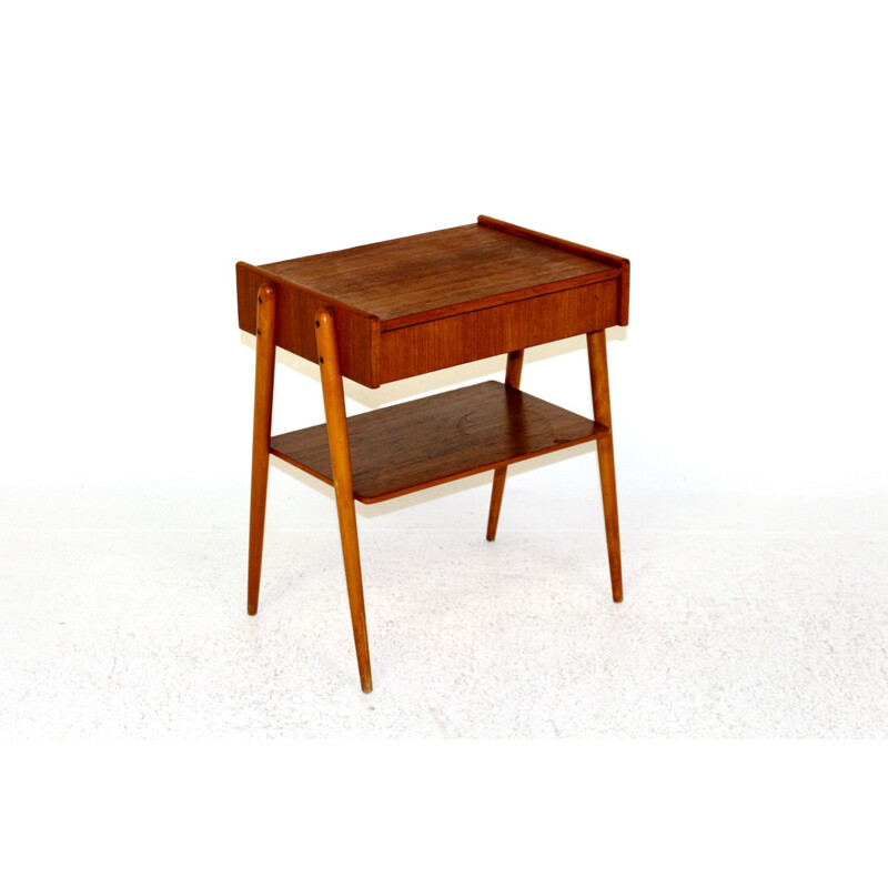 Table de chevet vintage en teck et en hêtre Carlstöm and co Möbelfabrik Suède 1960