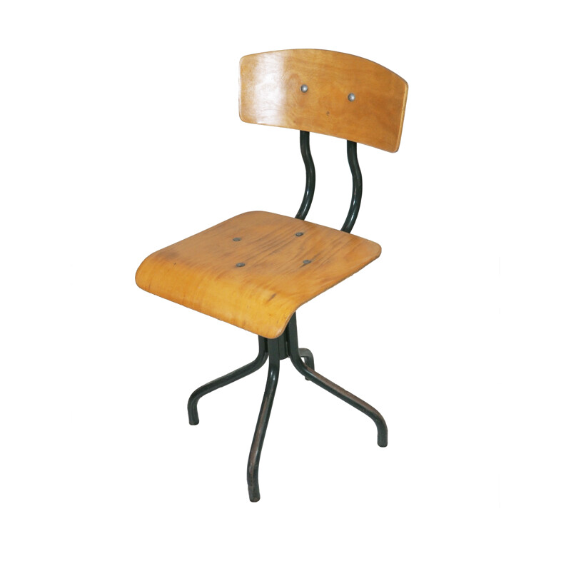 Chaise d'atelier de type industriel en bois et métal - 1960