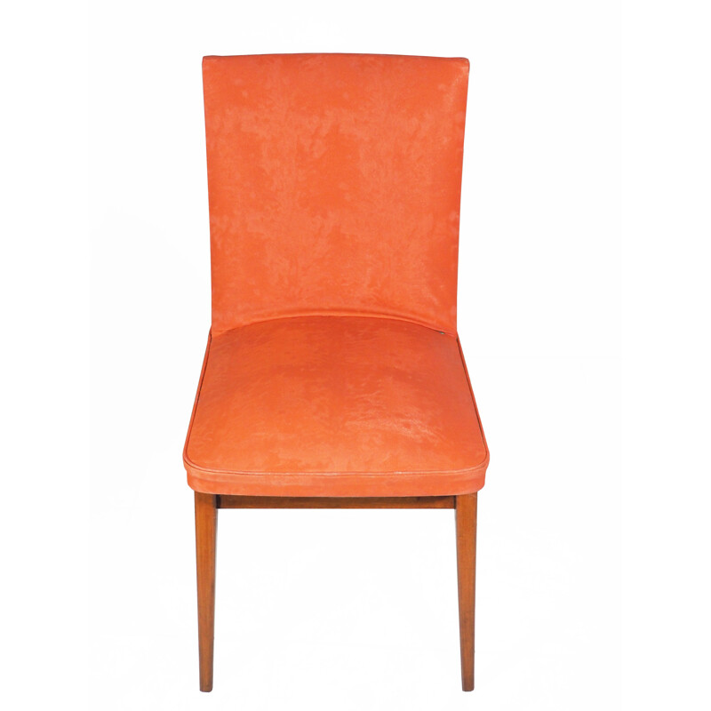 Chaise vintage en bois et simili cuir orange - 1960