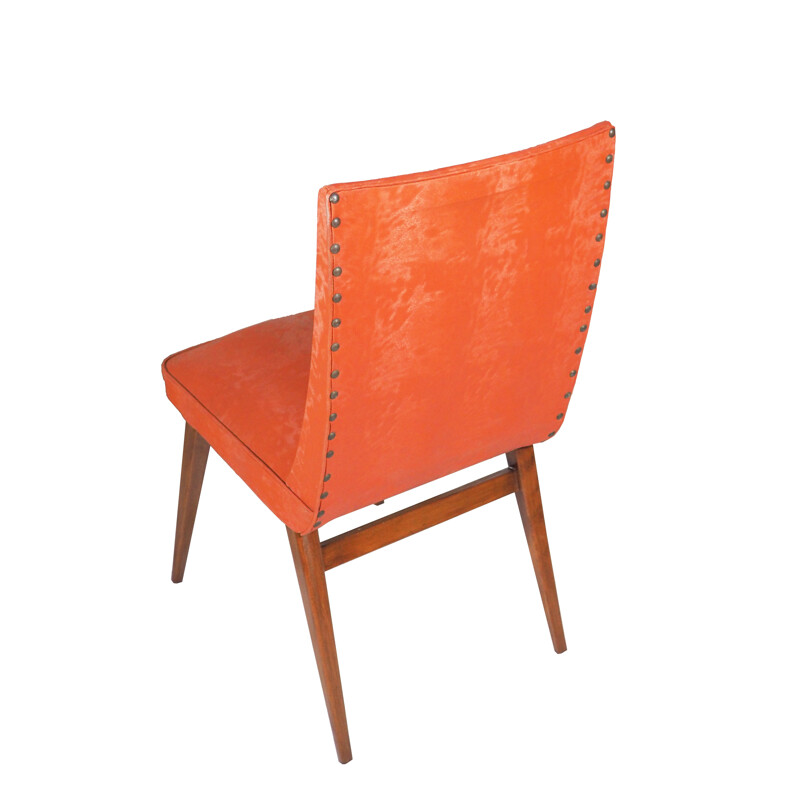 Mid Century chair in wood and orange leatherette - 1960s