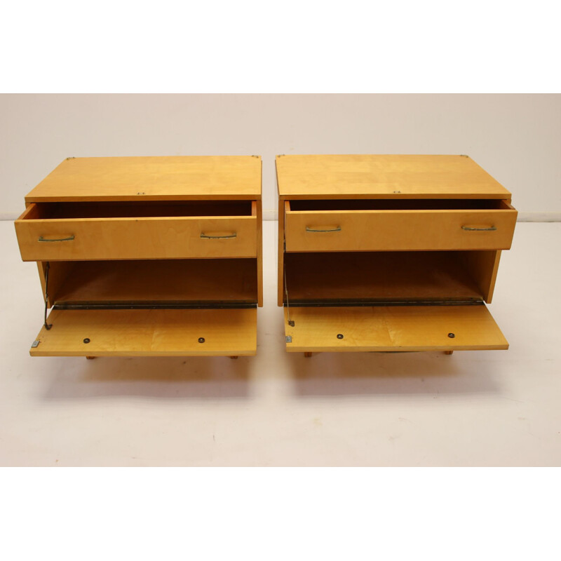 Pair of Vintage bedside tables with drawers and flap 1950s