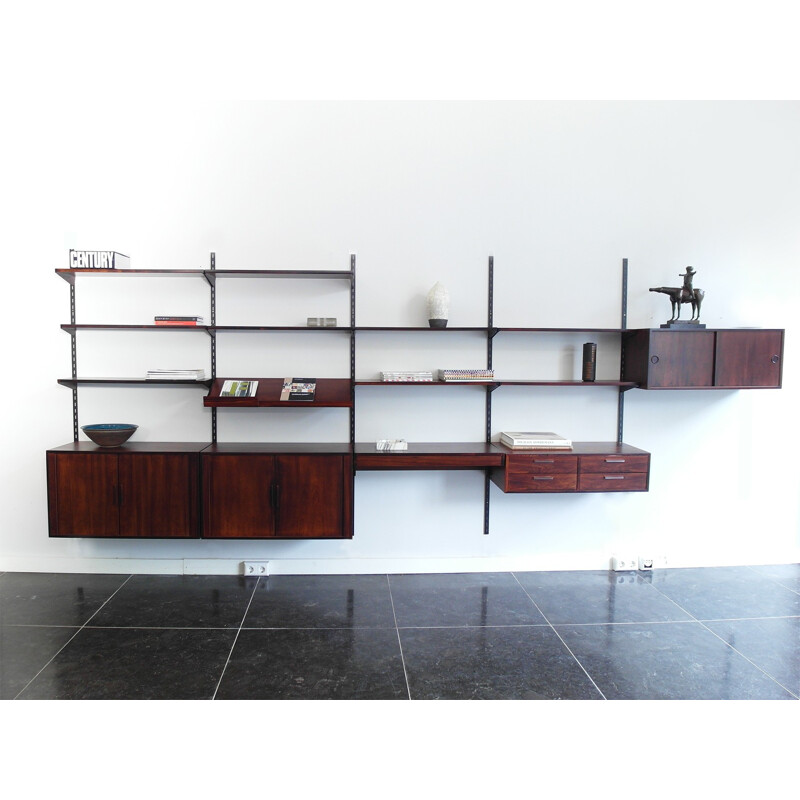 FM Møbler wall-mounted shelving unit in rosewood and metal, Kai KRISTIANSEN - 1960s