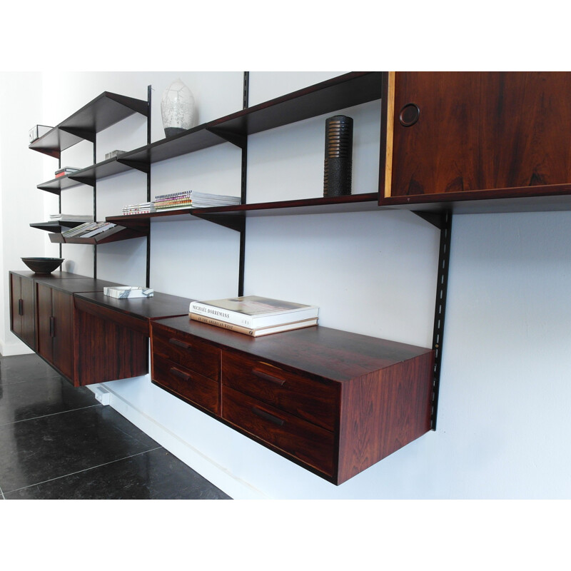 FM Møbler wall-mounted shelving unit in rosewood and metal, Kai KRISTIANSEN - 1960s