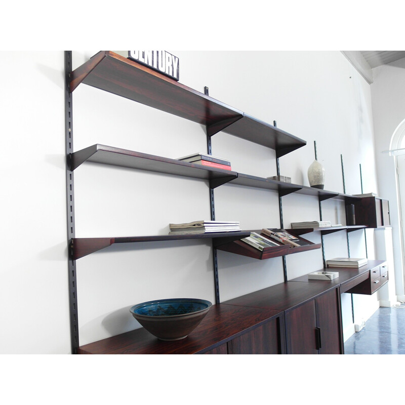 FM Møbler wall-mounted shelving unit in rosewood and metal, Kai KRISTIANSEN - 1960s