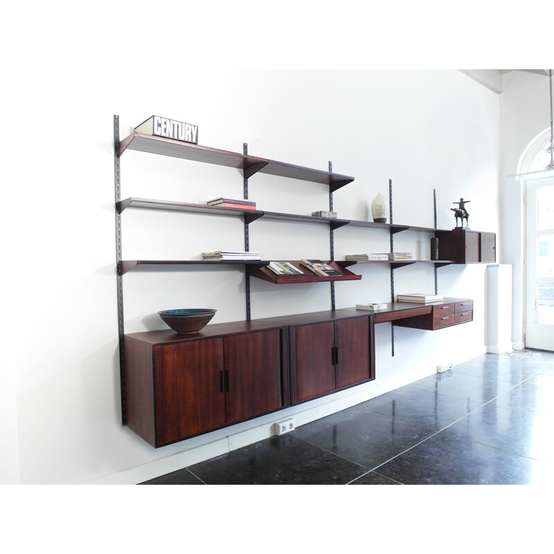 FM Møbler wall-mounted shelving unit in rosewood and metal, Kai KRISTIANSEN - 1960s