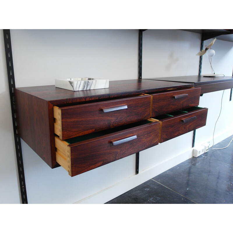 FM Møbler wall-mounted shelving unit in rosewood and metal, Kai KRISTIANSEN - 1960s