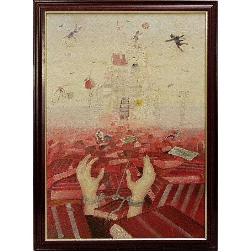 Peinture vintage 'La Victoire De L'Idéologie' par Miroslav Krofián, Tchécoslovaquie