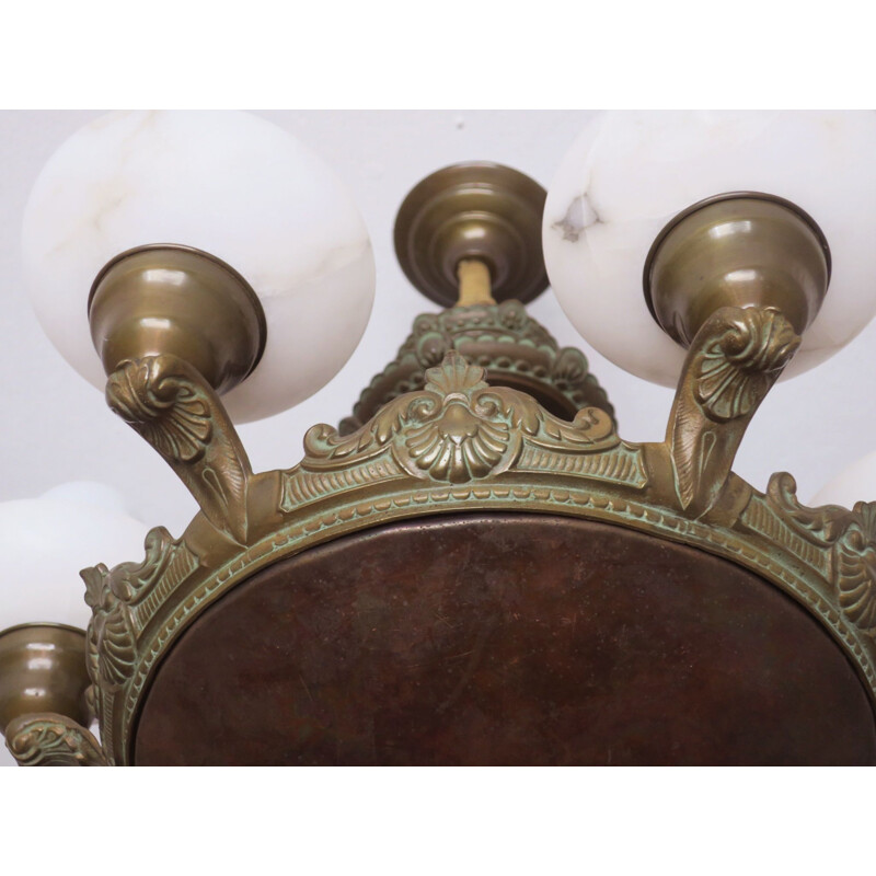 Vintage kroonluchter in brons en albast met 6 kaarslampen