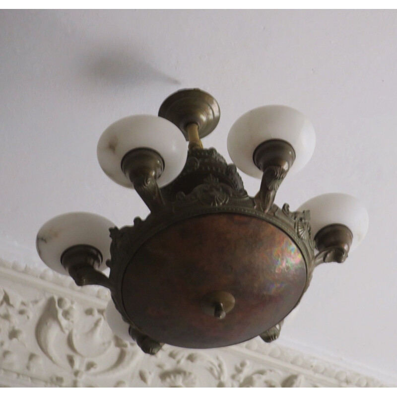 Vintage bronze and alabaster chandelier with 6 lights