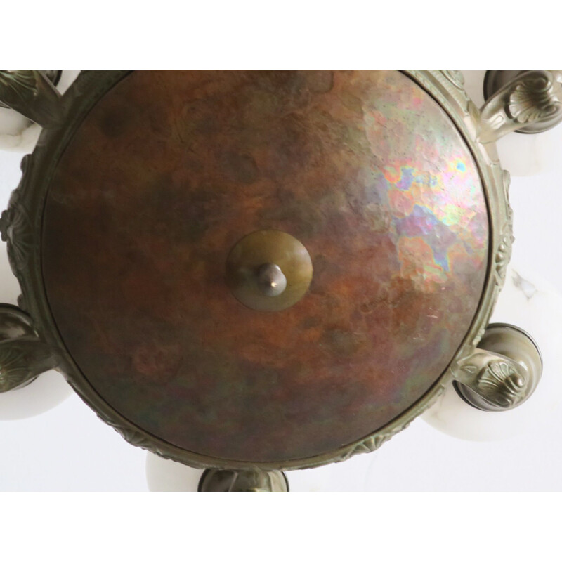 Araña vintage de bronce y alabastro con 6 luces
