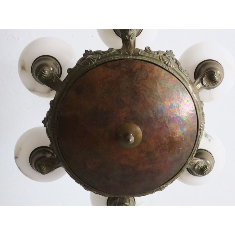 Vintage bronze and alabaster chandelier with 6 lights