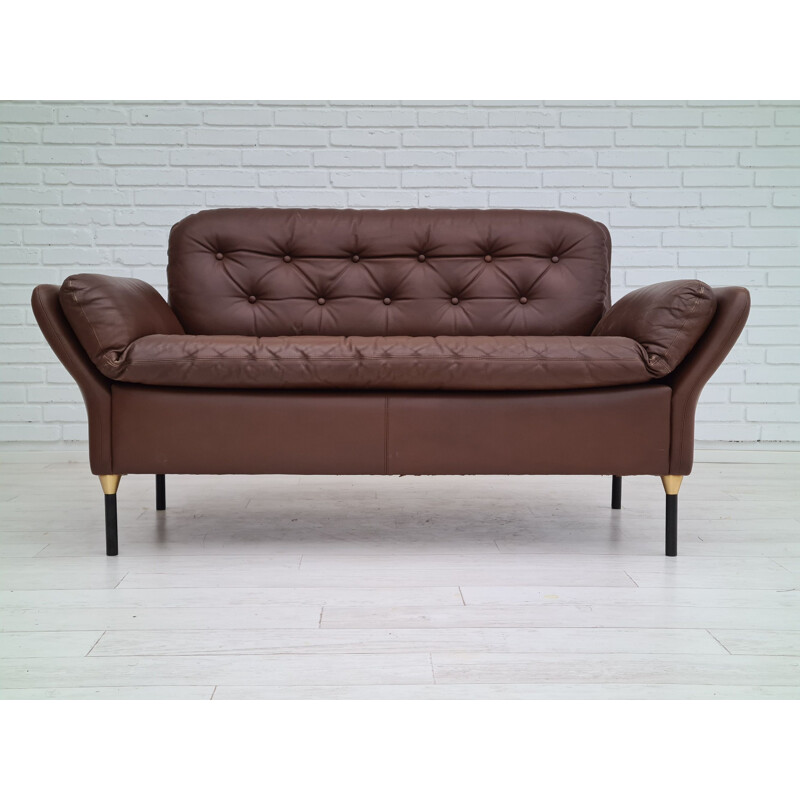 Vintage 2-seater sofa brown leather Denmark 1970s