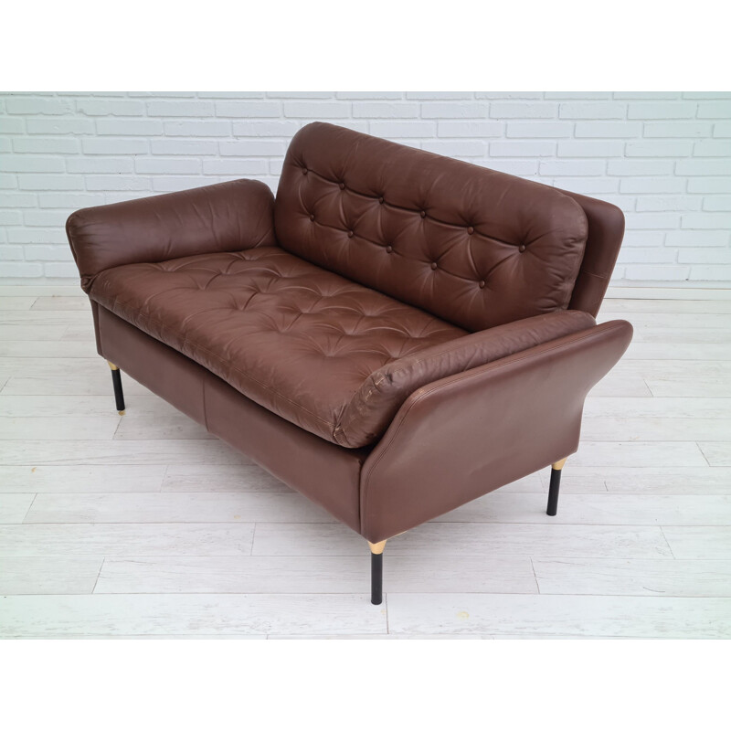 Vintage 2-seater sofa brown leather Denmark 1970s