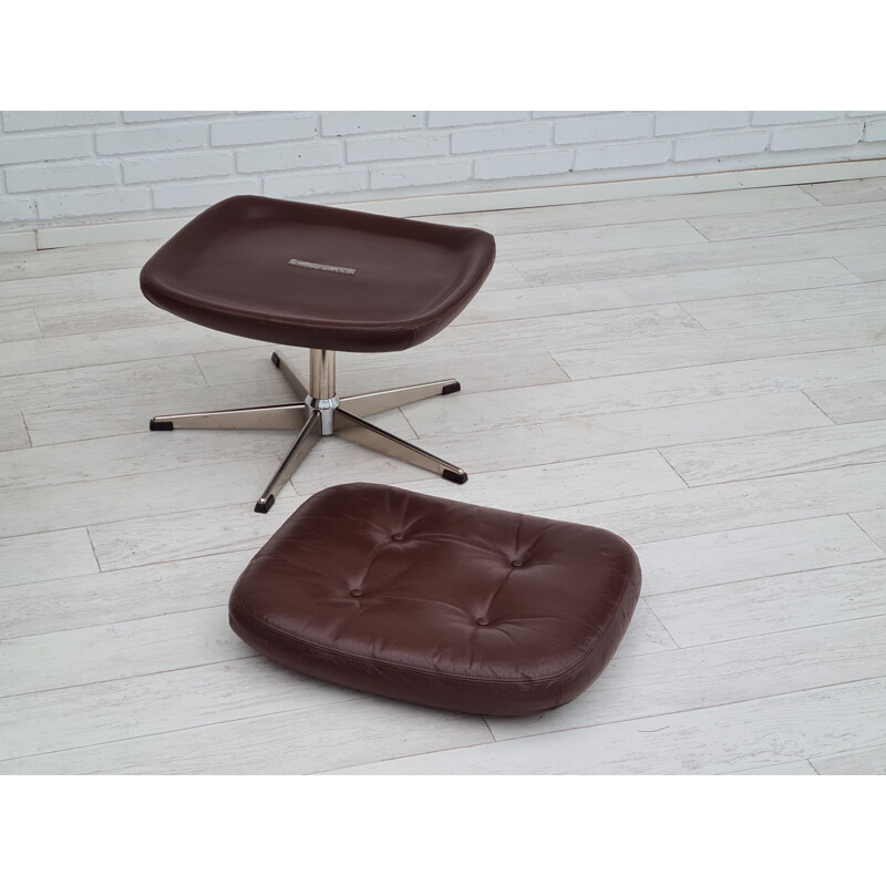 Vintage swivel armchair with stool leather Denmark 1970s