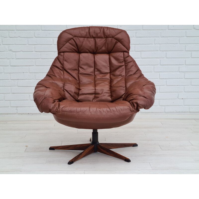 Vintage swivel armchair with stool leather Denmark 1970s