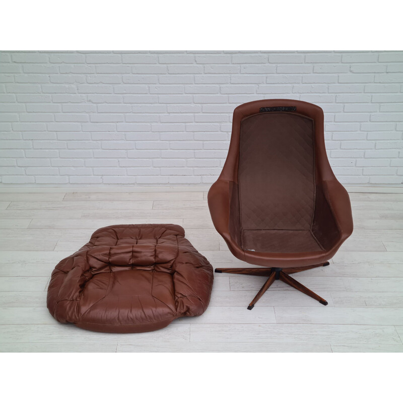 Vintage swivel armchair with stool leather Denmark 1970s