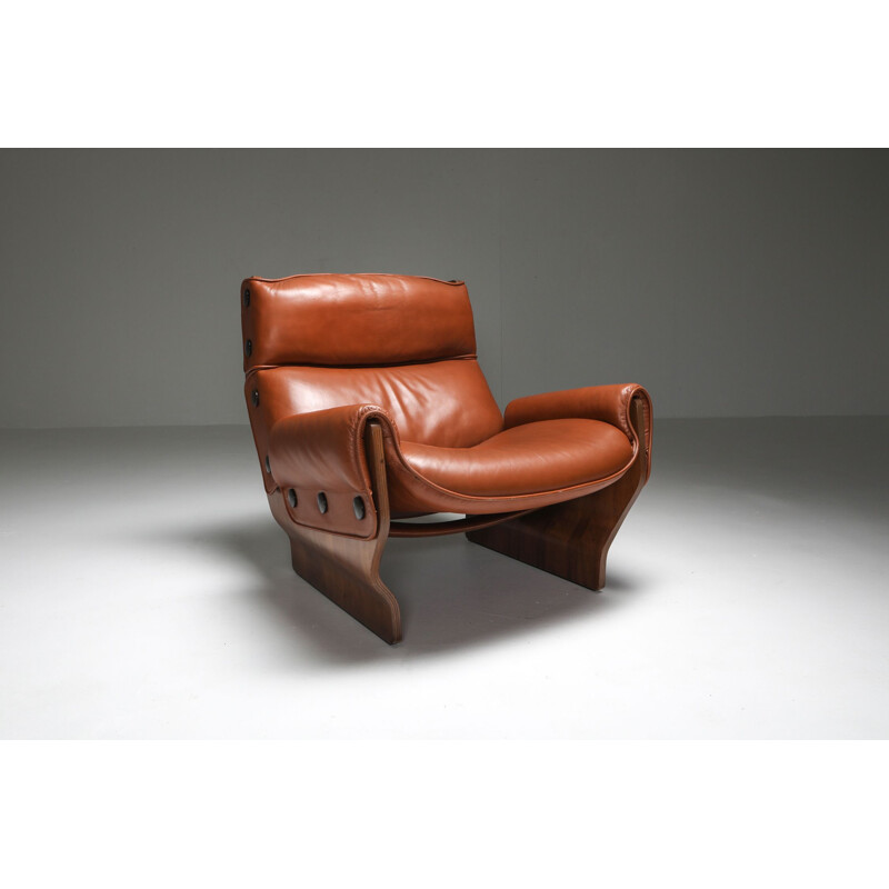 Paire de Fauteuil longues vintage Borsani en cuir cognac 1960